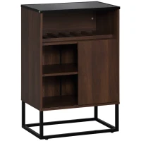 HOMCOM Industrial Wine Bar Cabinet, Liquor Cabinet for 6 Bottles, Sideboard with Sliding Door, Tempered Glass Top, Adjustable Shelf for Home Bar, Dining Room, Walnut(m-2)