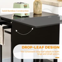 HOMCOM Bamboo Breakfast Cart 3 Piece Kitchen Trolley with Drop Leaf Table and 2 Square Stools, Coffee Brown(m-4)