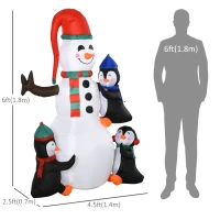 HOMCOM 6ft Christmas Inflatable Snowman with Three Penguins, Blow-Up Outdoor LED Yard Display with Rotating Colorful Light for Party, Garden, Holiday(m-3)