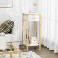 HOMCOM Tall Side Table, Slim Bedside Table with Drawer and Bottom Shelf, Narrow End Table with Storage and Pine Wood Frame for Small Spaces, White(m-1)