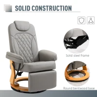 HOMCOM Manual Recliner Chair Faux Leather Upholstered Lounge Reading Armchair Sofa with Footrest, Headrest, Round Wood Base for Living Room, Bedroom, Office, Grey(m-7)