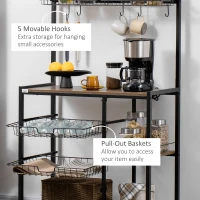 HOMCOM Industrial Kitchen Bakers Rack, Microwave Stand, Coffee Bar Station with Storage Shelves, Wire Basket, 5 Movable Hooks, Walnut(m-5)