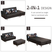 HOMCOM Convertible Adjustable 3-Position Futon Set Sofa Bed Couch Chaise Lounge with Ottoman and 2 Pillows(m-4)