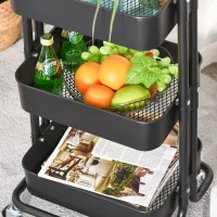 HOMCOM 3-Tier Rolling Serving Cart Utility Kitchen Trolley Storage Cart Multifunction Organizer Shelving Units with Wheels, Black(m-5)