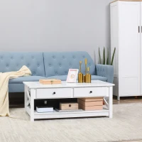 HOMCOM Coffee Table with Storage, Farmhouse Living Room Table with Drawers and Open Shelf, Centre Table with X-frames, White(m-1)