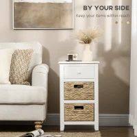 HOMCOM End Side Table with Removable Woven Baskets and Drawer for Living Room, Bedroom, 15.6"x11.8"x26.2", White(m-4)