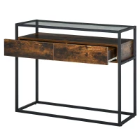 HOMCOM Industrial Style Entryway Console Table Desk with Drawers, Toughened Glass Shelf, 3D Wood Grain(m-2)