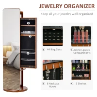 HOMCOM Full Length Mirror with Jewellery Cabinet, Hanging Cloth Bar, Coat Rack, 360° Rotate Floor Mirror for Bedroom, Living Room, Light Walnut(m-6)