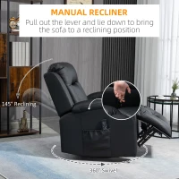 HOMCOM Massage Recliner Chair for Living Room with 8 Vibration Points, PU Leather Reclining Chair with Cup Holders, Swivel Base, Rocking Function, Black(m-6)