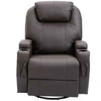 HOMCOM Faux Leather Recliner Chair with Massage, Vibration, Muti-function Padded Sofa Chair with Remote Control, 360 Degree Swivel Seat with Dual Cup Holders, Brown(m-9)