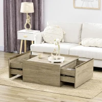 HOMCOM Coffee Table with Hidden Storage Drawers, Farmhouse Center Table for Living Room Home Office, Oak(m-1)