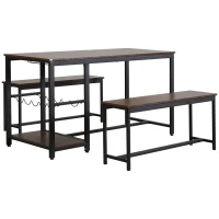 HOMCOM 3-Piece Dining Table Set for 4 with 2 Benches, Rectangular Dining Table and Chairs Set, Industrial Kitchen Table with 5-Bottle Wine Rack, Glass Holder, and Storage Shelf, Rustic Brown(m-2)