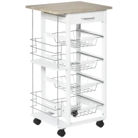 HOMCOM Rolling Kitchen Cart, Utility Storage Cart with 4 Baskets, Drawer, Side Racks, Wheels for Dining Room, Natural and White(m-2)