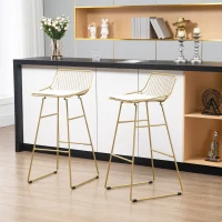 HOMCOM Modern Bar Stools Set of 2, Metal Wire Bar Height Barstools, Bar Chairs for Kitchen with Removable Cushion, Back and Footrest, Gold(m-1)
