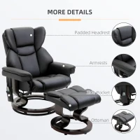 HOMCOM Massage Recliner and Ottoman, PU Leisure Office Chair with 10 Vibration Points, Adjustable Backrest, Side Pocket and Remote Control, for Living Room, Study, Bedroom, Black(m-7)