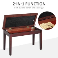 HOMCOM Duet Piano Storage Bench Two Person Professional Padded Keyboard Seat Birchwood with Traditional PU Leather Lift Top Brown(m-4)
