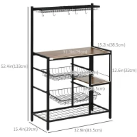 HOMCOM Industrial Kitchen Bakers Rack, Microwave Stand, Coffee Bar Station with Storage Shelves, Wire Basket, 5 Movable Hooks, Walnut(m-3)