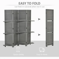 HOMCOM 4-Panel Wall Partition Room Separator with 3 Storage Shelves Foldable Design Wooden Frame 5.6FT Grey(m-5)