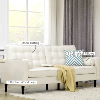 HOMCOM Mid-Century Sofa, Couch with Button-Tufted Back Cushion, Velvet Feel Fabric Upholstery, 2 Cylindrical Pillows and Rubber Wood Legs for Living Room, Cream White(m-5)