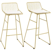 HOMCOM Modern Bar Stools Set of 2, Metal Wire Bar Height Barstools, Bar Chairs for Kitchen with Removable Cushion, Back and Footrest, Gold(m-2)