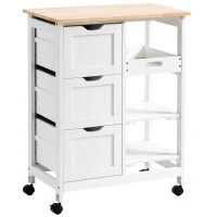 HOMCOM Rolling Kitchen Island Cart, Bar Serving Cart, Compact Trolley on Wheels with Wood Top, Shelves and Drawers (White)(m-2)