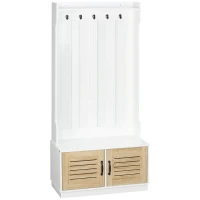 HOMCOM Modern Hall Tree, Entryway Coat Rack with Shoe Bench, 5 Hooks, Storage Shelf and Slatted Door Cabinet for Hallway, White(m-2)