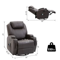 HOMCOM Faux Leather Recliner Chair with Massage, Vibration, Muti-function Padded Sofa Chair with Remote Control, 360 Degree Swivel Seat with Dual Cup Holders, Brown(m-3)