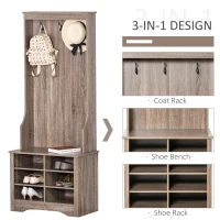 HOMCOM Coat Rack Wooden Hall Tree Storage Organizer Shoe Bench with Rack 3 Hooks for Hallway Foyer Bedroom Living Room Brown(m-4)
