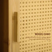 HOMCOM Bamboo Kitchen Island on Wheels, Rolling Kitchen Cart with Tempered Glass Top, 2 Drawers, Towel Racks, Open Compartments, Rattan Door Cabinet, Natural(m-4)