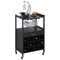 HOMCOM Rolling Kitchen Trolley Serving Cart with Drawer, Cup Holder and Wine Rack Storage Cabinet Kitchen Island Cart with Wheels, Black(m-2)