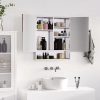 kleankin Wall Mount Bathroom Mirror Cabinet, Medicine Cabinet with Shelves Storage Organizer Stainless Steel Double Doors(m-9)