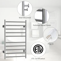 HOMCOM 10-Bar Towel Warmer Wall Mounted Electric Heated Shelf Stainless Steel Home Bathroom Towel Drying Rack, ( 20.9"W x 4.1"D x 34.3"H )(m-4)