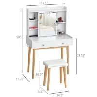 HOMCOM Dressing Table Set with Sliding Door, Mirror and Cushioned Stool, Makeup Vanity Dressing Table with 2 Drawers for Bedroom, White(m-3)