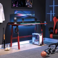HOMCOM 55" Gaming Desk Gaming Table Home Office Desk with Durable Steel Frame, Game Station with Earphone Hook, Cup Holder, Under Table Wire Box, Game Handle Holder, Black(m-4)