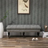 HOMCOM Mobile End of Bed Bench, Upholstered Bedroom Entryway Bench with Button-Tufted, Accent Ottoman with Nailhead Trim and Wheels, Gray(m-9)