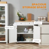 HOMCOM Rolling Kitchen Island with Storage, Kitchen Cart with Rubber Wood Top, Adjustable Shelf, Towel Rack, Hooks and Storage Drawers, White(m-4)