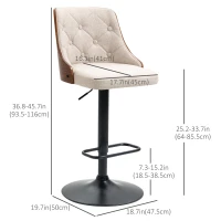 HOMCOM Counter Height Bar Stools Set of 2 with Solid Wood Back, Height Adjustable Swivel Barstools, Button Tufted Linen Fabric Bar Chairs with Footrest, Beige(m-3)