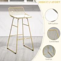 HOMCOM Modern Bar Stools Set of 2, Metal Wire Bar Height Barstools, Bar Chairs for Kitchen with Removable Cushion, Back and Footrest, Gold(m-5)