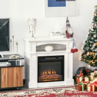HOMCOM 32" Electric Fireplace with Mantel, Freestanding Heater with LED Log Flame, Shelf and Remote Control, 1400W, White(m-1)