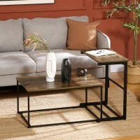 HOMCOM Nesting Tables Set of 2, Industrial Style Coffee Table Set with Metal Frame & Adjustable Foot Pads for Living Room, Bed Room, Brown(m-1)