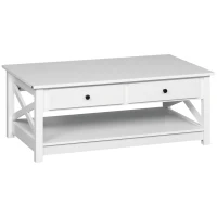 HOMCOM Coffee Table with Storage, Farmhouse Living Room Table with Drawers and Open Shelf, Centre Table with X-frames, White(m-2)
