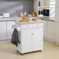 HOMCOM Rolling Kitchen Island with Storage, Kitchen Cart with Rubber Wood Top, Adjustable Shelf, Towel Rack, Hooks and Storage Drawers, White