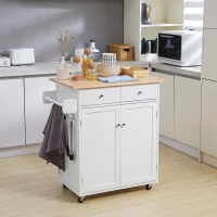 HOMCOM Rolling Kitchen Island with Storage, Kitchen Cart with Rubber Wood Top, Adjustable Shelf, Towel Rack, Hooks and Storage Drawers, White(m-1)