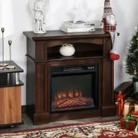 HOMCOM 32" Electric Fireplace with Mantel, Freestanding Heater with LED Log Flame, Shelf and Remote Control, 1400W, Dark Coffee(m-1)