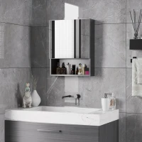 kleankin Bathroom Medicine Cabinet, Wall-Mounted Mirror Cabinet with Single Door, Storage Shelves and Stainless Steel Frame for Laundry Room, Black(m-1)
