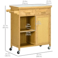 HOMCOM Bamboo Kitchen Island on Wheels, Rolling Kitchen Cart with Tempered Glass Top, 2 Drawers, Towel Racks, Open Compartments, Rattan Door Cabinet, Natural(m-3)