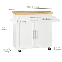 HOMCOM Kitchen Island with Storage, Rolling Cart Trolley with Rubberwood Top, Adjustable Shelf, Drawer, Spice Rack, White(m-3)