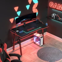 HOMCOM 55" Gaming Desk Gaming Table Home Office Desk with Durable Steel Frame, Game Station with Earphone Hook, Cup Holder, Under Table Wire Box, Game Handle Holder, Black(m-1)
