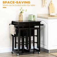 HOMCOM Bamboo Breakfast Cart 3 Piece Kitchen Trolley with Drop Leaf Table and 2 Square Stools, Coffee Brown(m-7)