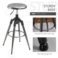 HOMCOM Industrial Backless Bar Stool Metal Swivel Seat Adjustable Height  Silver(m-6)
